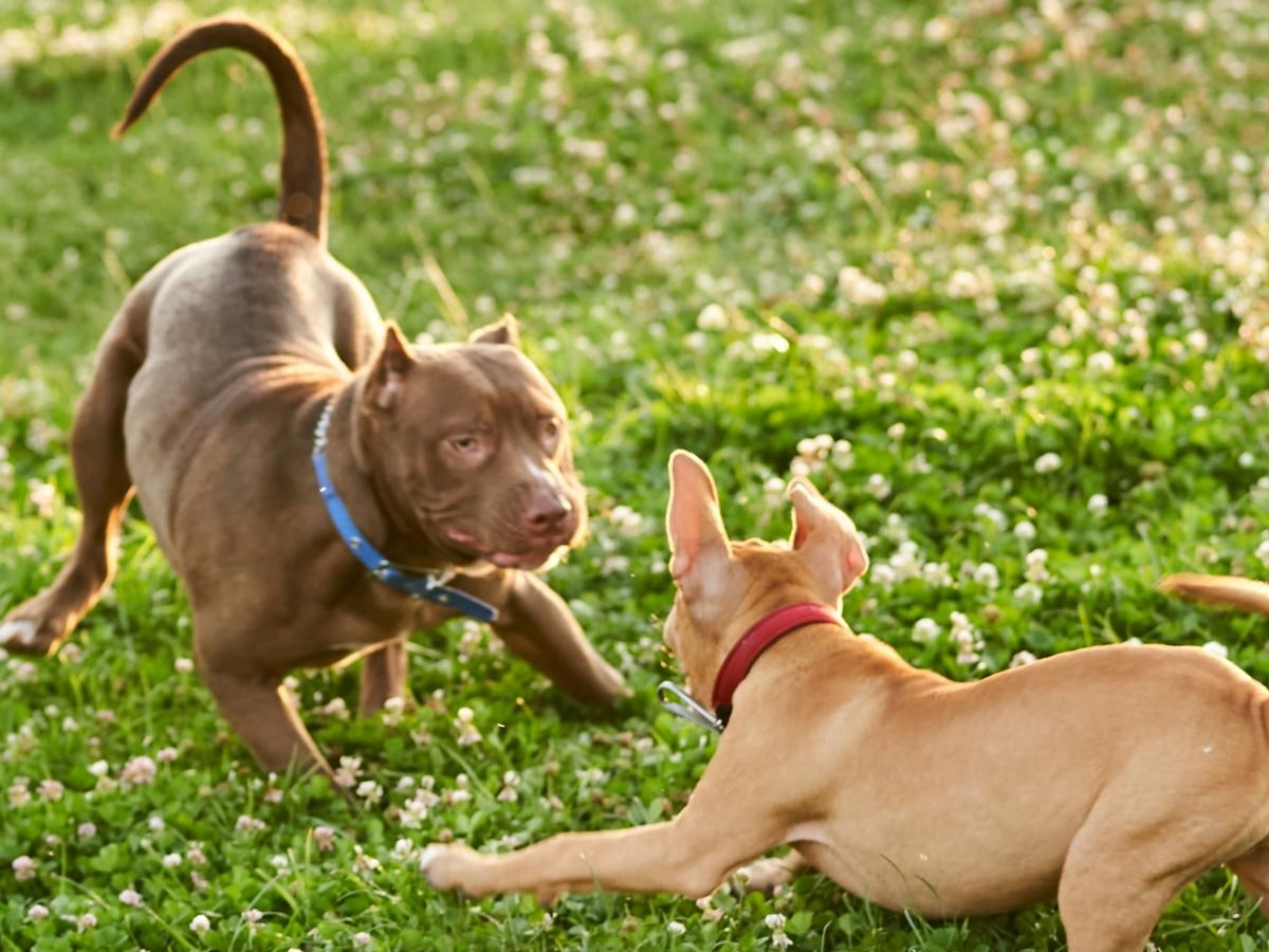 Two puppies playing in the field