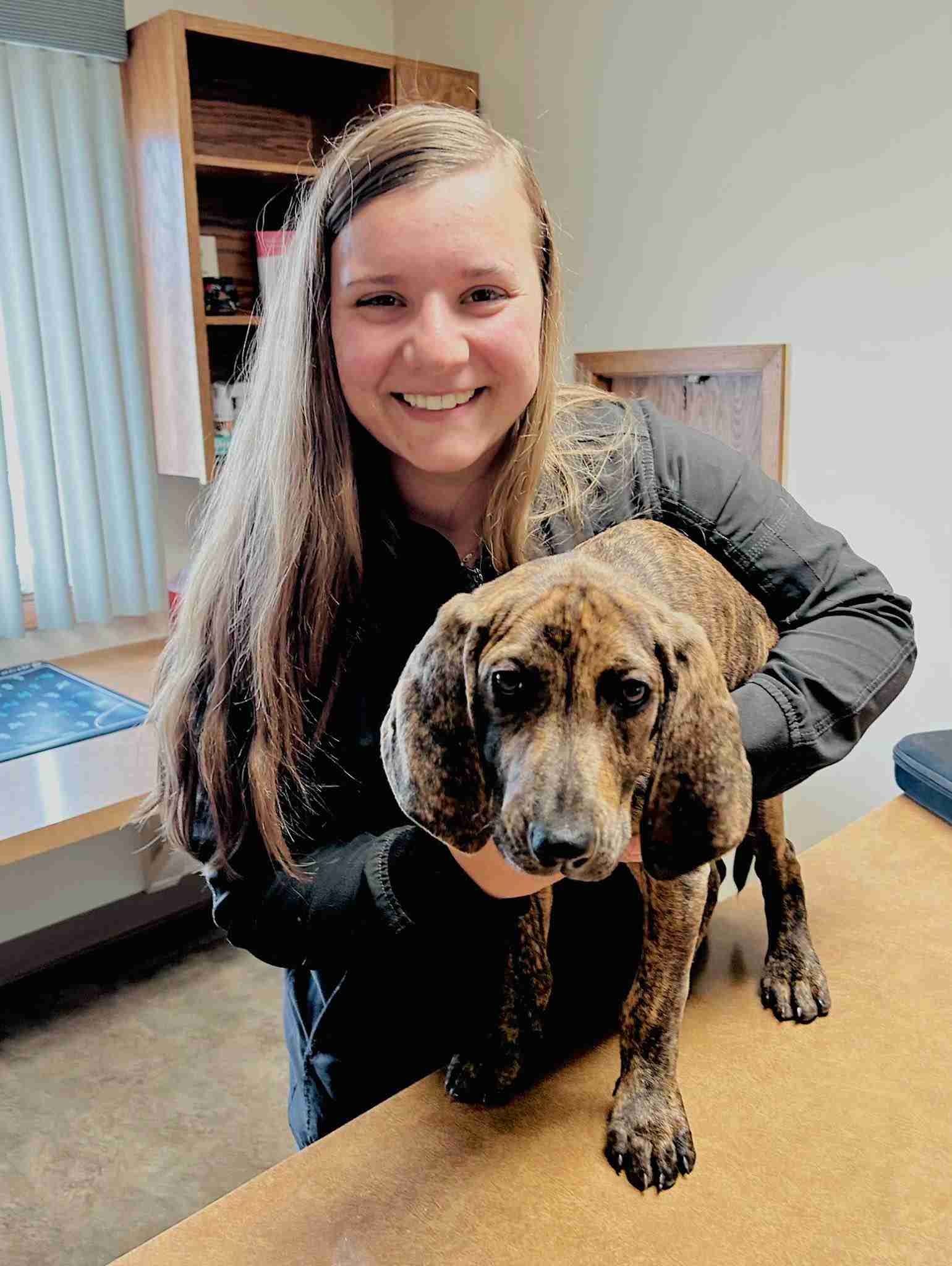 girl holding brindle hound dog